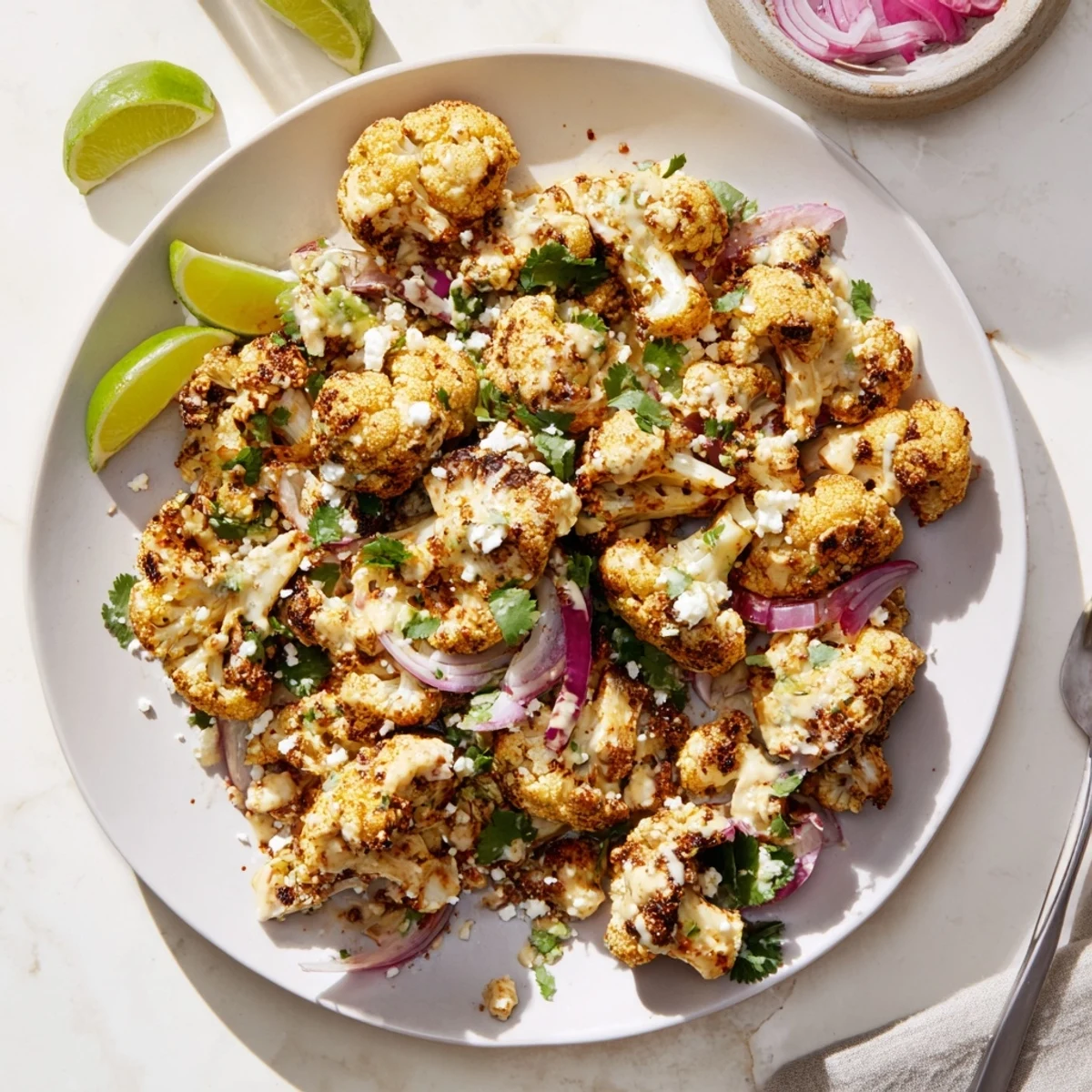 Tender roasted cauliflower florets tossed in smoky sauce and finished with white cotija cheese crumbles