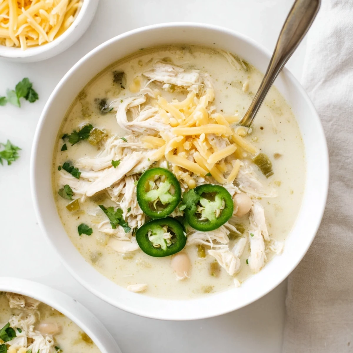 Creamy simple keto white chicken chili topped with fresh cilantro in a white bowl
