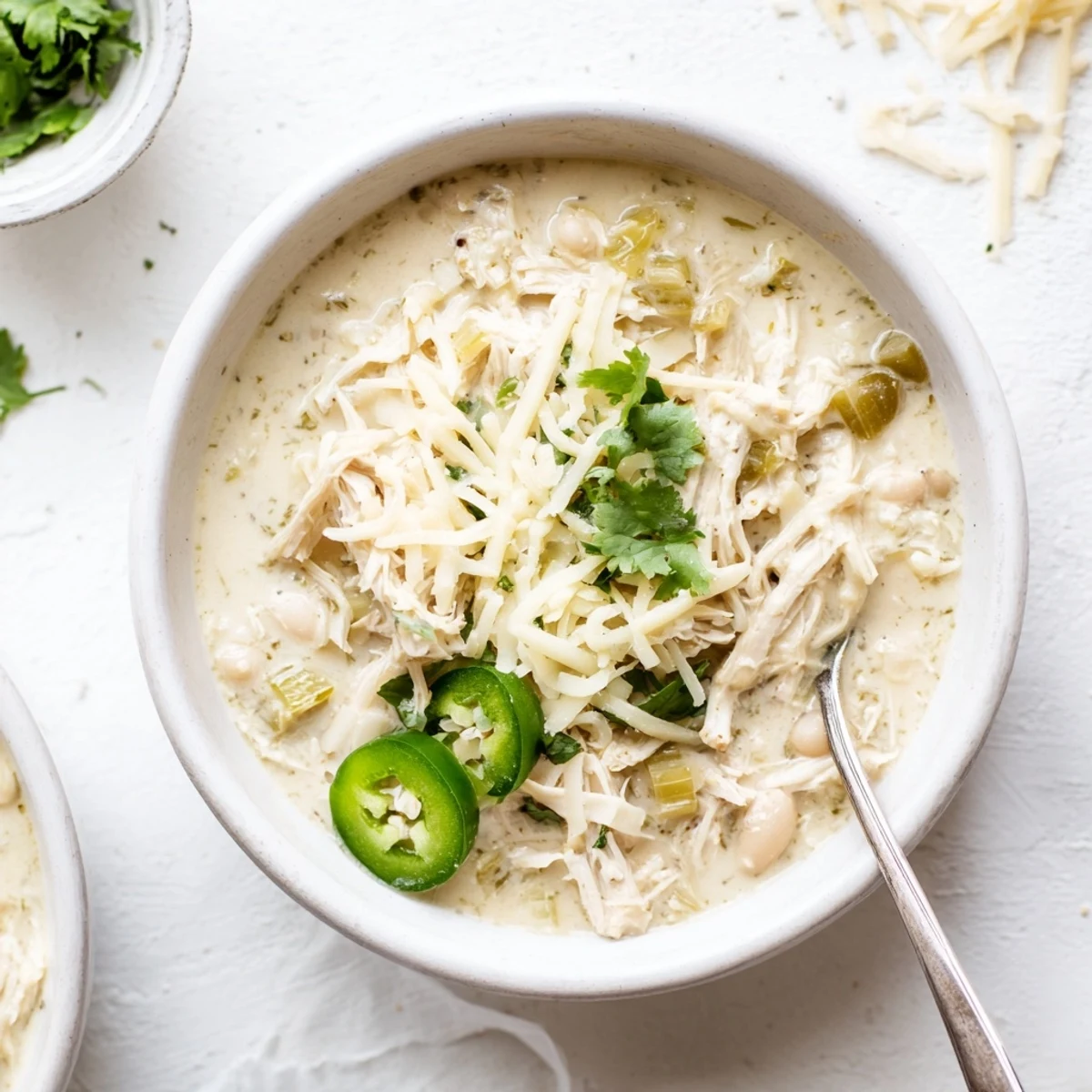 Steaming bowl of simple keto white chicken chili with melted shredded cheese and jalapeños