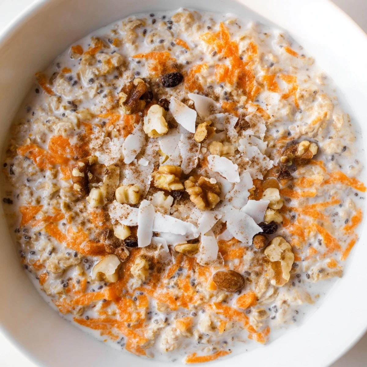 Wholesome breakfast bowl filled with spiced carrot cake overnight oats and shredded coconut garnish