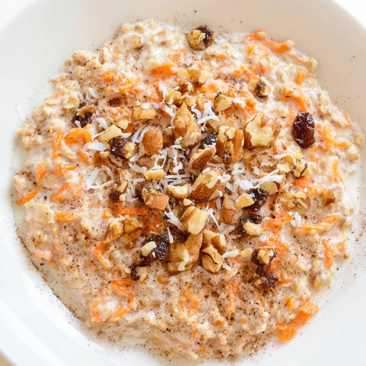 Creamy carrot cake overnight oats topped with chopped walnuts and sweet raisins in a glass jar