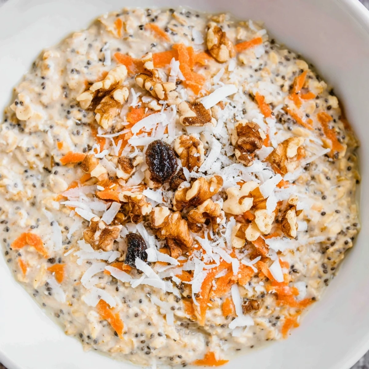 Golden grated carrot swirled into cinnamon-spiced overnight oats, topped with crunchy pecans and dried fruit