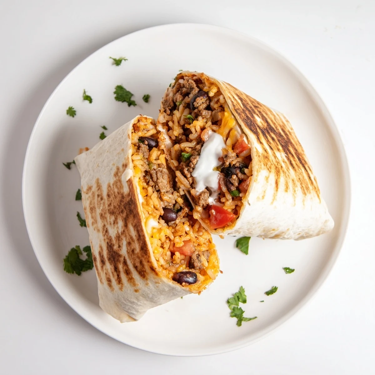 Crispy grilled cheese burrito filled with taco seasoned beef rice and melty Monterey Jack
