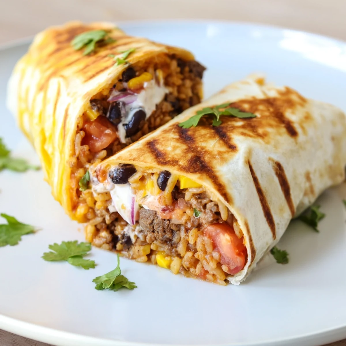 Golden grilled cheese burrito sliced in half revealing seasoned beef and melted cheddar cheese