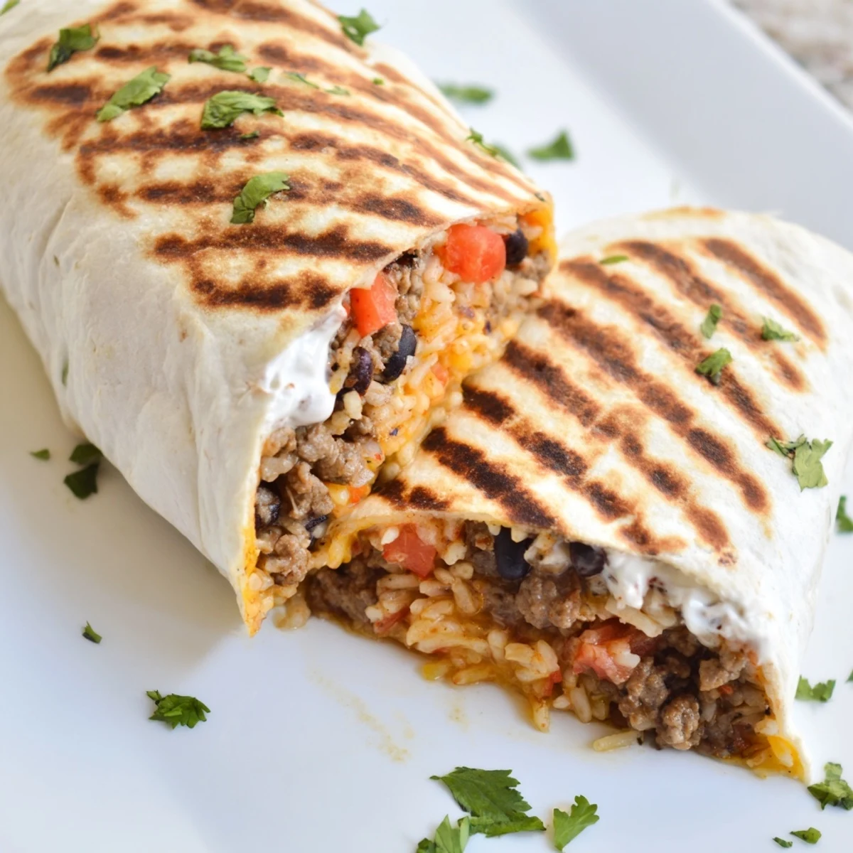 Buttered tortilla wrapped grilled cheese burrito with beef beans cheese and salsa inside