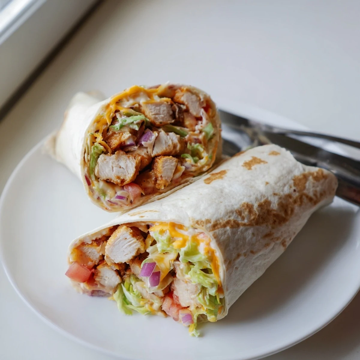 Sliced cheesy garlic chicken wraps revealing seasoned chicken, crisp lettuce, and gooey melted cheese layers