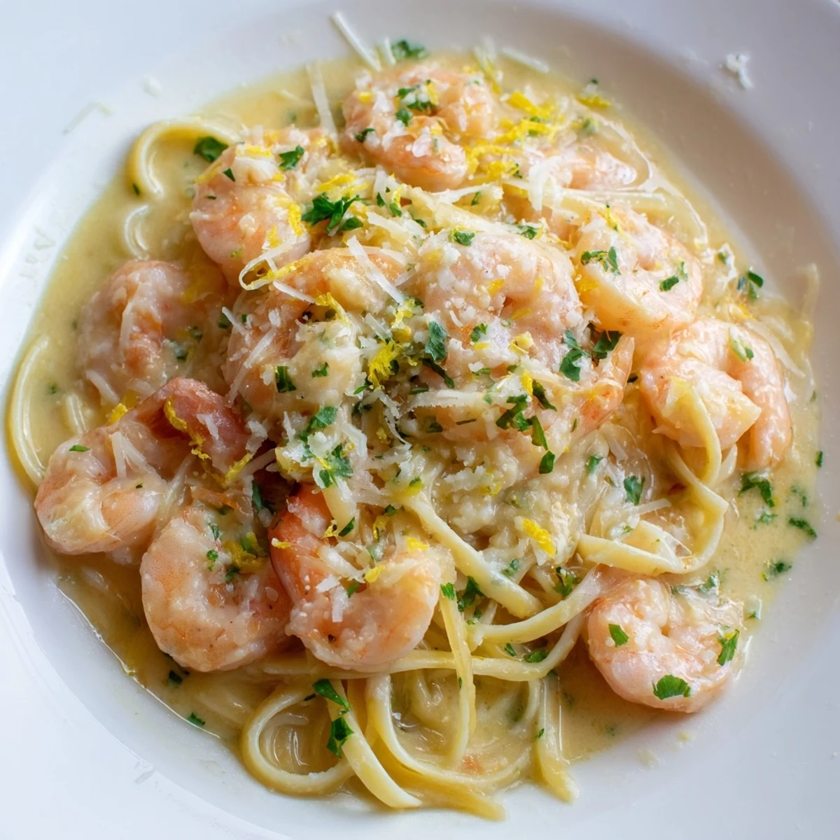 Creamy shrimp scampi garlic pasta with plump shrimp in silky lemon cream sauce