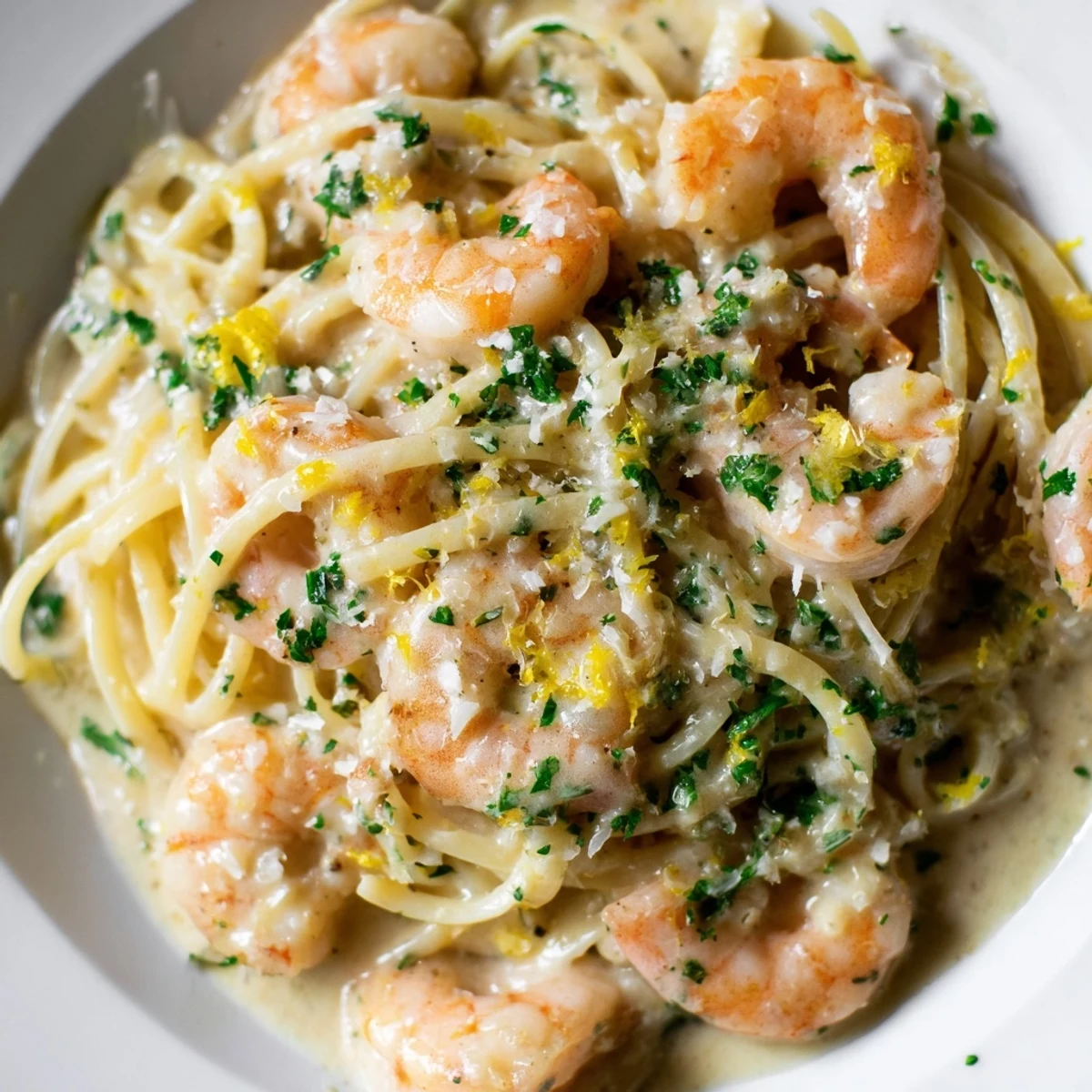 Steaming bowl of shrimp scampi garlic cream pasta garnished with fresh parsley and lemon