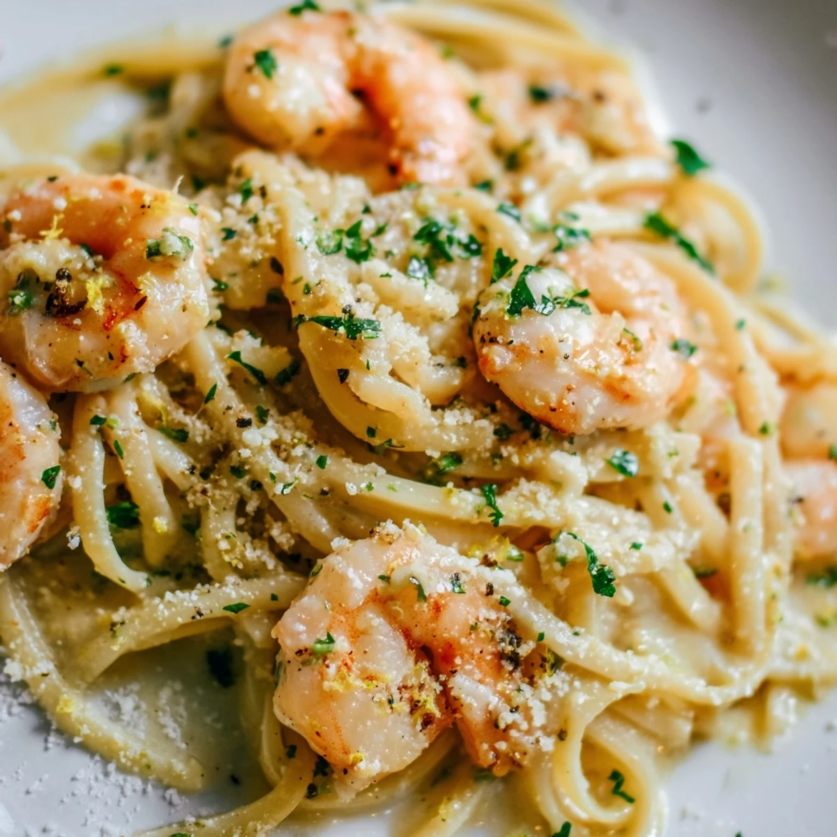 Golden brown shrimp atop linguine tossed in rich garlic parmesan cream sauce