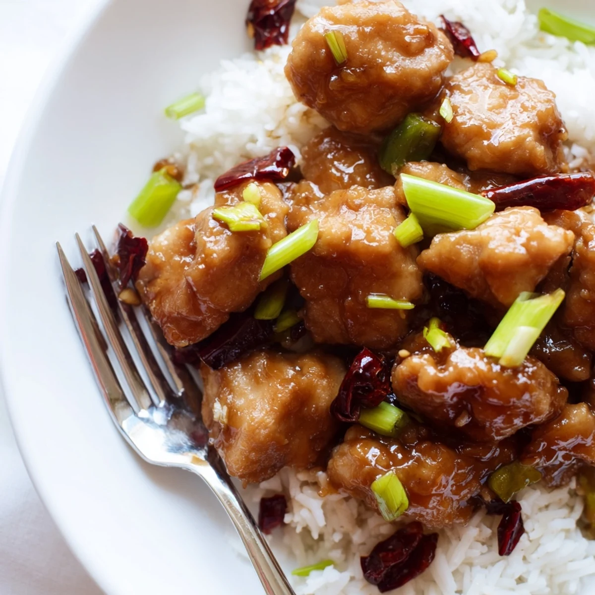 Savory Mongolian chicken stir-fry featuring tender coated chicken swimming in thick caramelized garlic sauce atop a bed of steamed rice