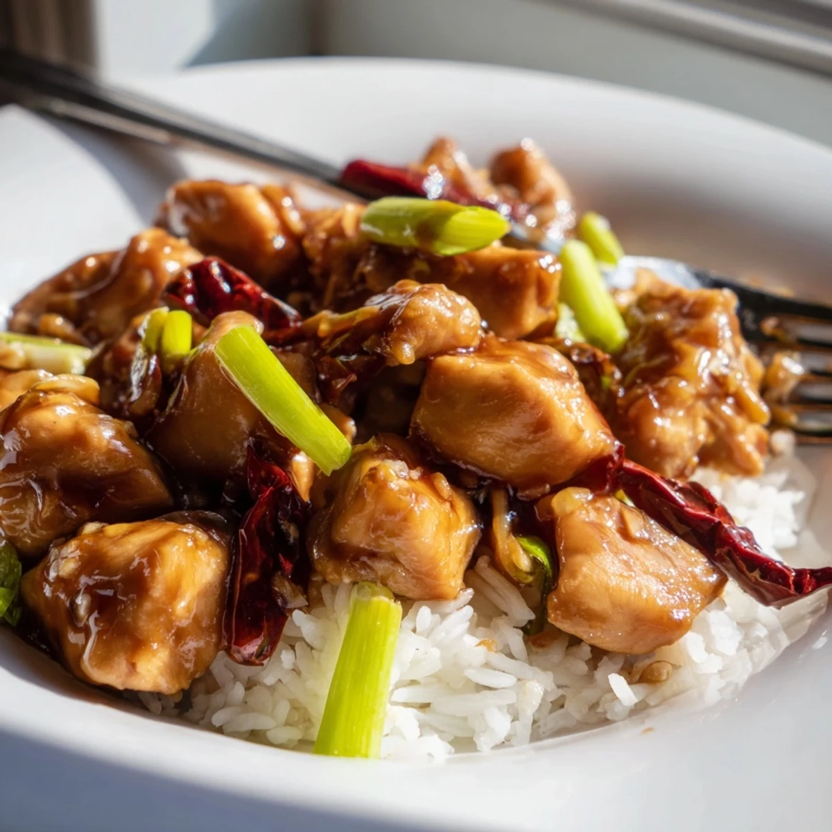Golden brown Mongolian chicken pieces glazed in shiny brown soy-ginger sauce with fresh green scallions scattered over fluffy white rice