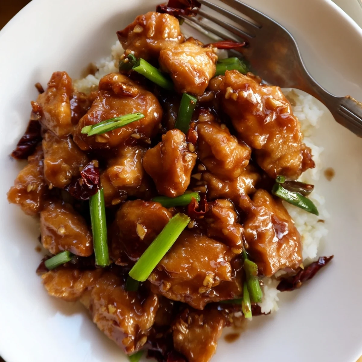 Homemade Mongolian chicken plated on white rice with glistening sweet and savory sauce coating each bite-sized piece with chopped green onion garnish