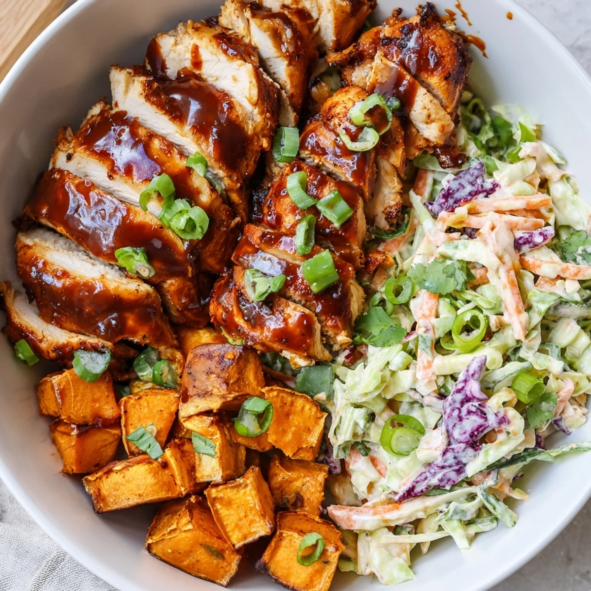 Sliced BBQ chicken served over crispy sweet potato cubes and tangy purple cabbage coleslaw in a layered bowl