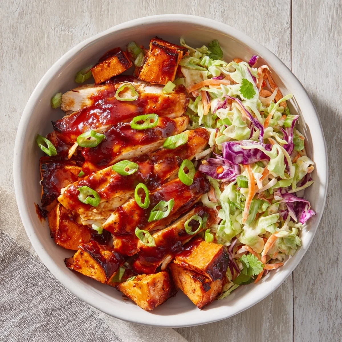 Vibrant meal prep bowl featuring tender BBQ glazed chicken alongside caramelized roasted sweet potatoes and creamy slaw