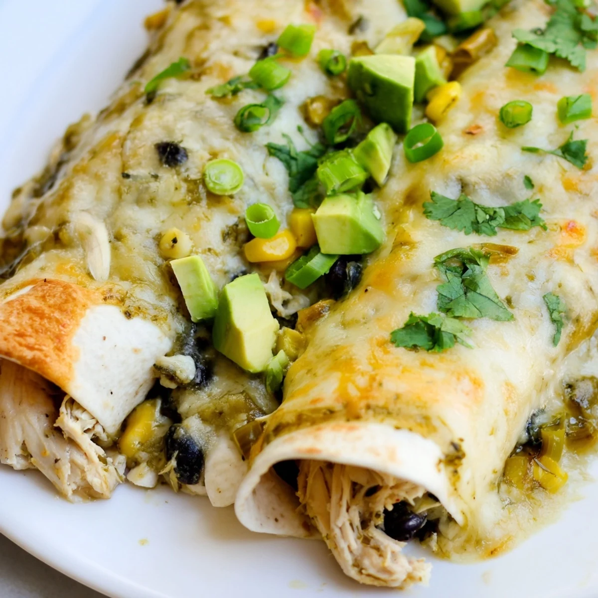 Golden cheesy salsa verde chicken enchiladas baked until bubbly with fresh cilantro garnish