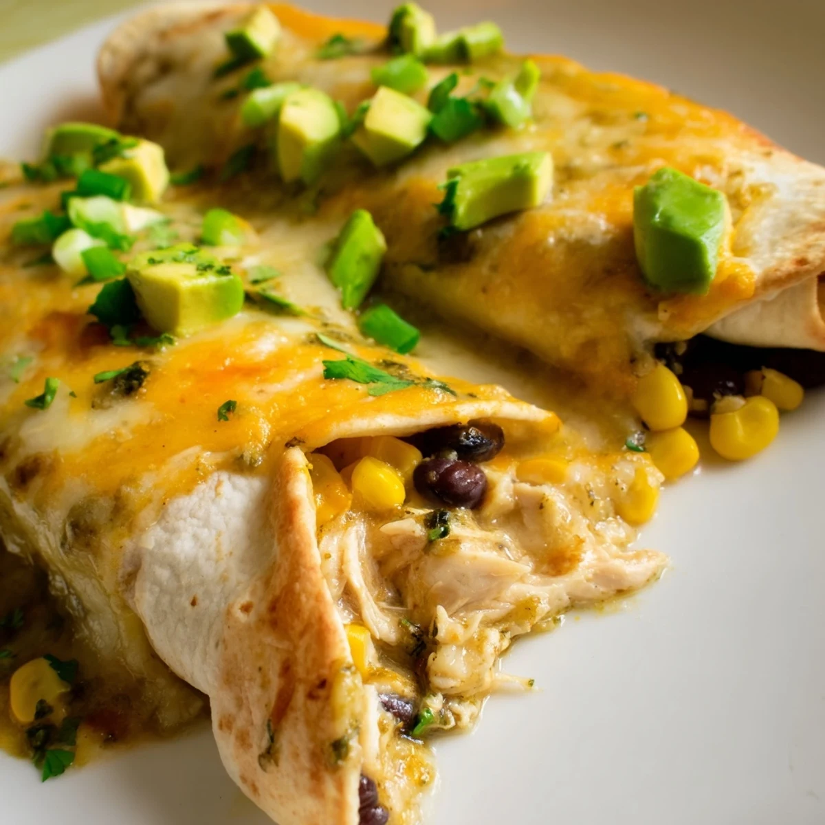 Rolled corn tortillas filled with seasoned shredded chicken smothered in tangy green salsa and melted Monterey Jack