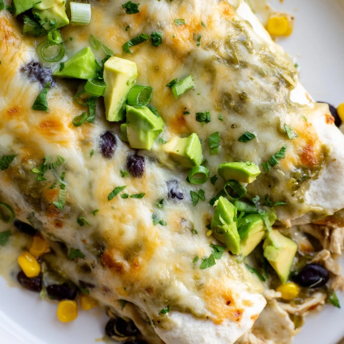 Baked salsa verde chicken enchiladas topped with melted white cheese and vibrant cilantro on a white plate