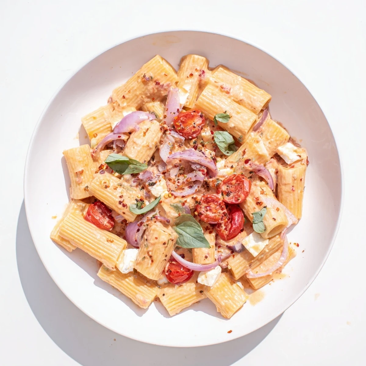 Creamy feta pasta with roasted cherry tomatoes and fresh basil garnish in a serving bowl
