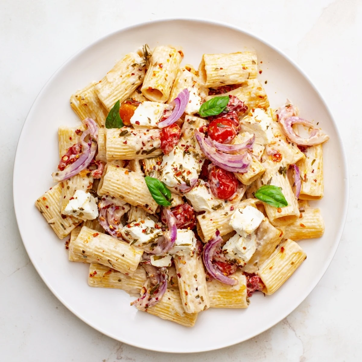 Golden brown feta cheese melting over juicy tomatoes mixed with al dente pasta for dinner