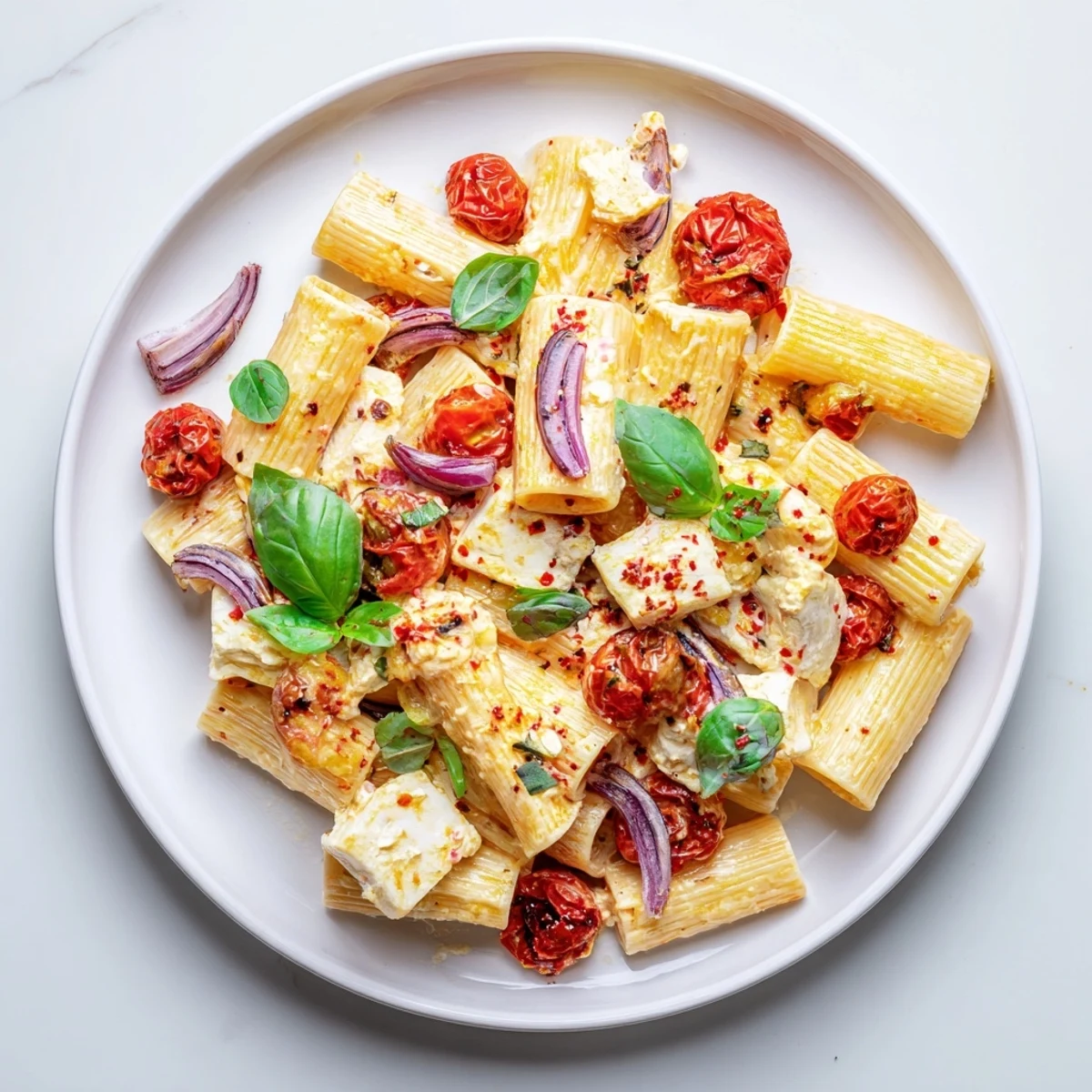 Mediterranean-style creamy feta pasta dish featuring burst tomatoes and torn basil leaves on white plate