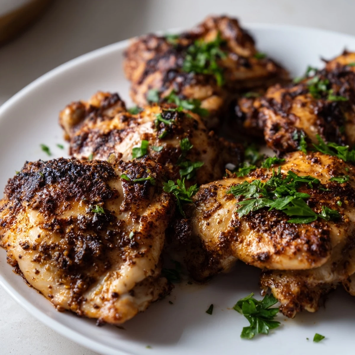 Golden brown ultimate boneless skinless chicken thighs fresh from the oven with a savory spice rub