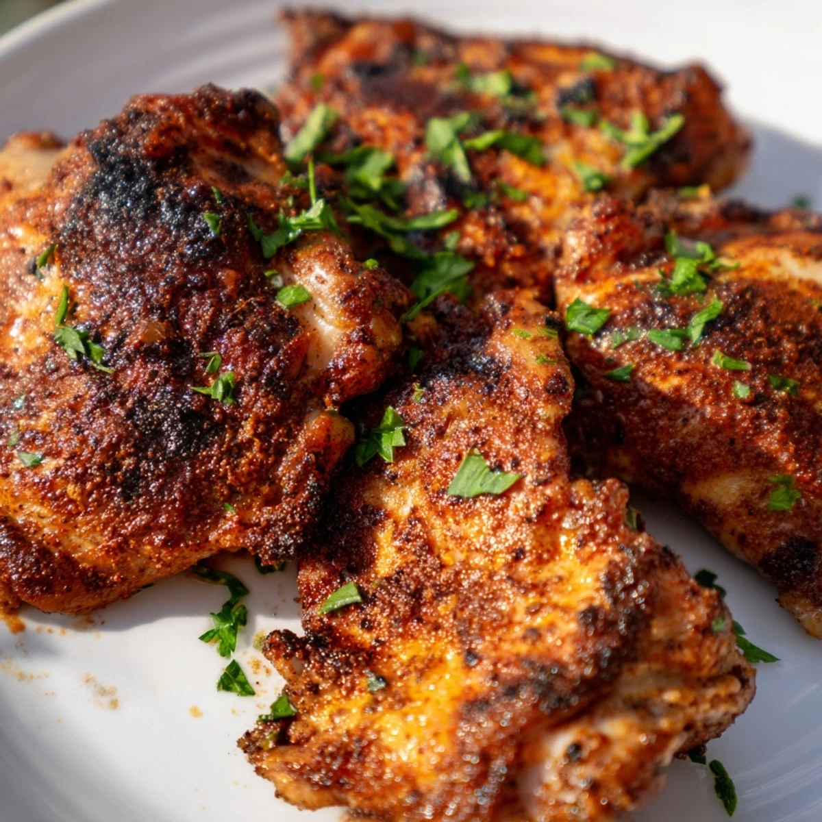 Juicy marinated chicken thighs seared to perfection and garnished with fresh parsley and lemon wedges