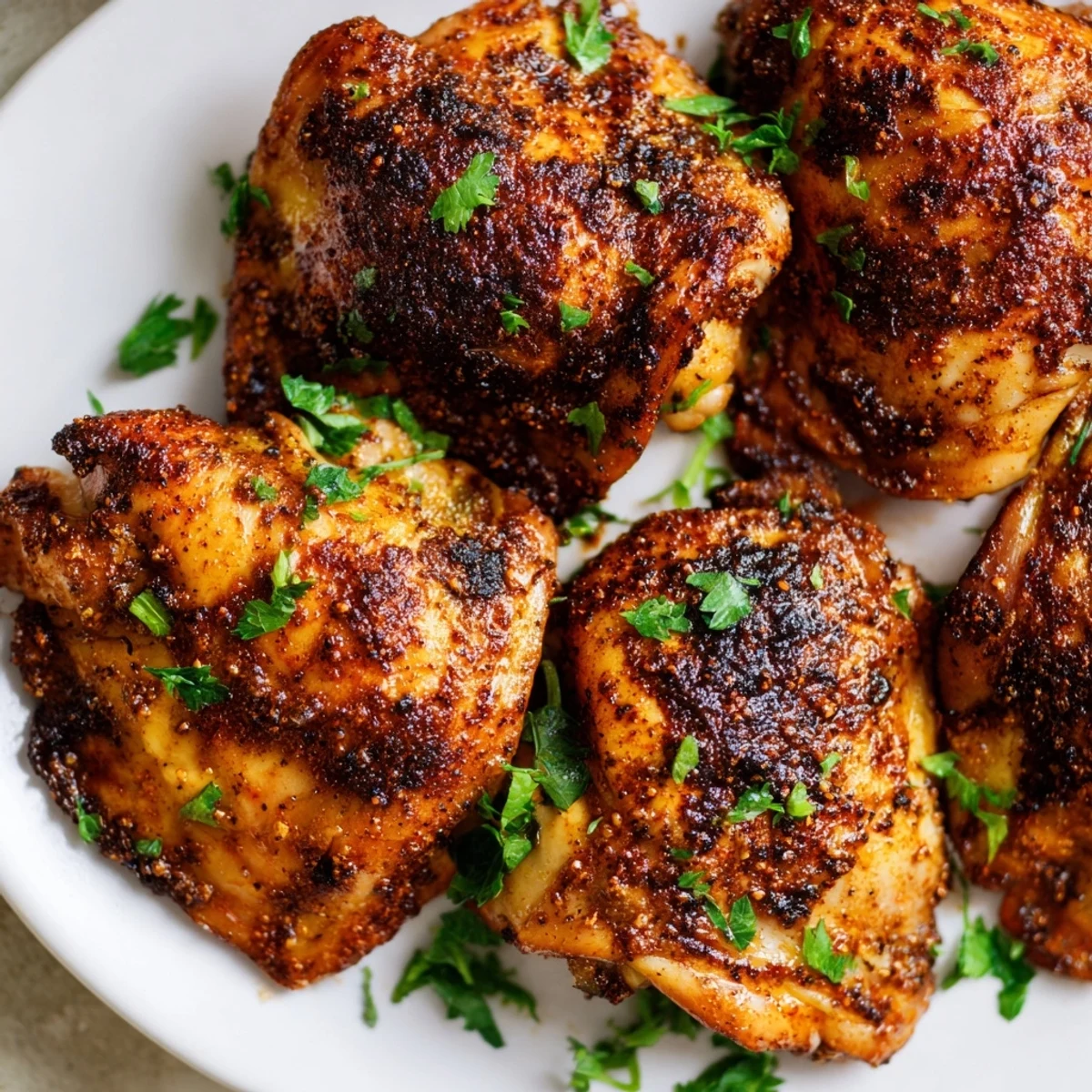 Tender roasted chicken thighs arranged on a white plate alongside bright lemon slices and green herbs