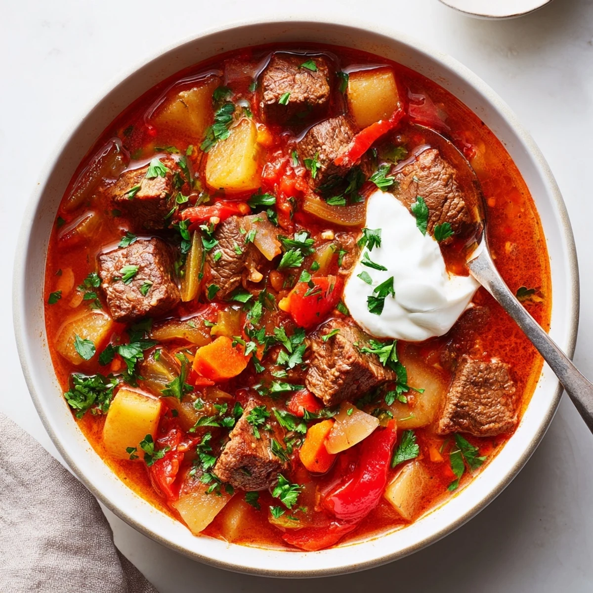 Hearty slow cooker Hungarian goulash featuring tender beef cubes in a rich paprika-infused broth with colorful vegetables