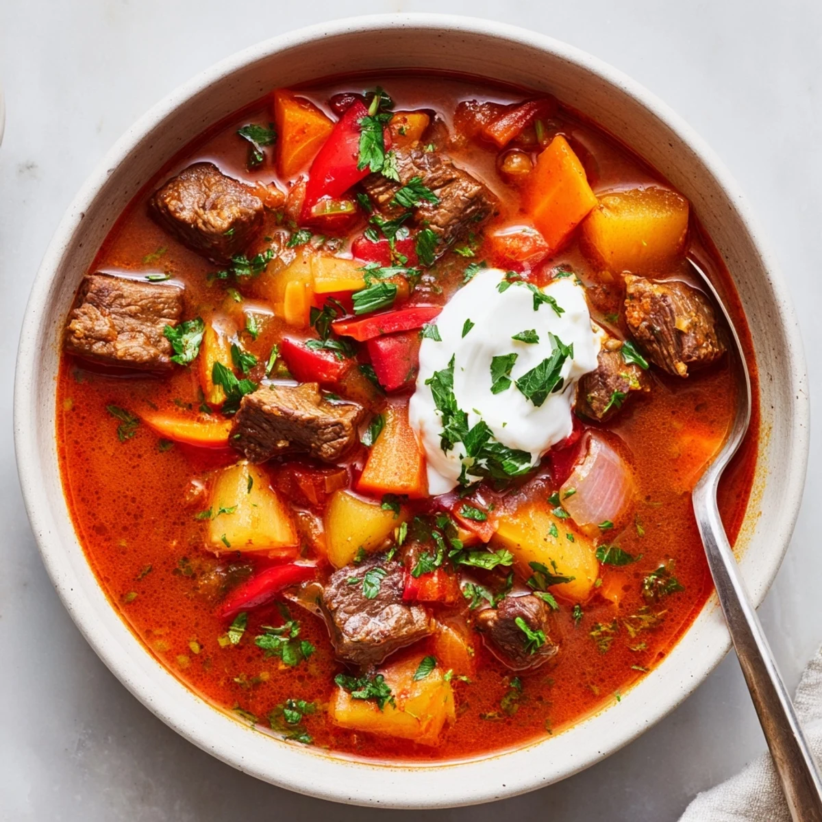 Traditional Hungarian goulash slow-cooked to perfection, showcasing succulent beef, potatoes, and carrots in a savory red sauce