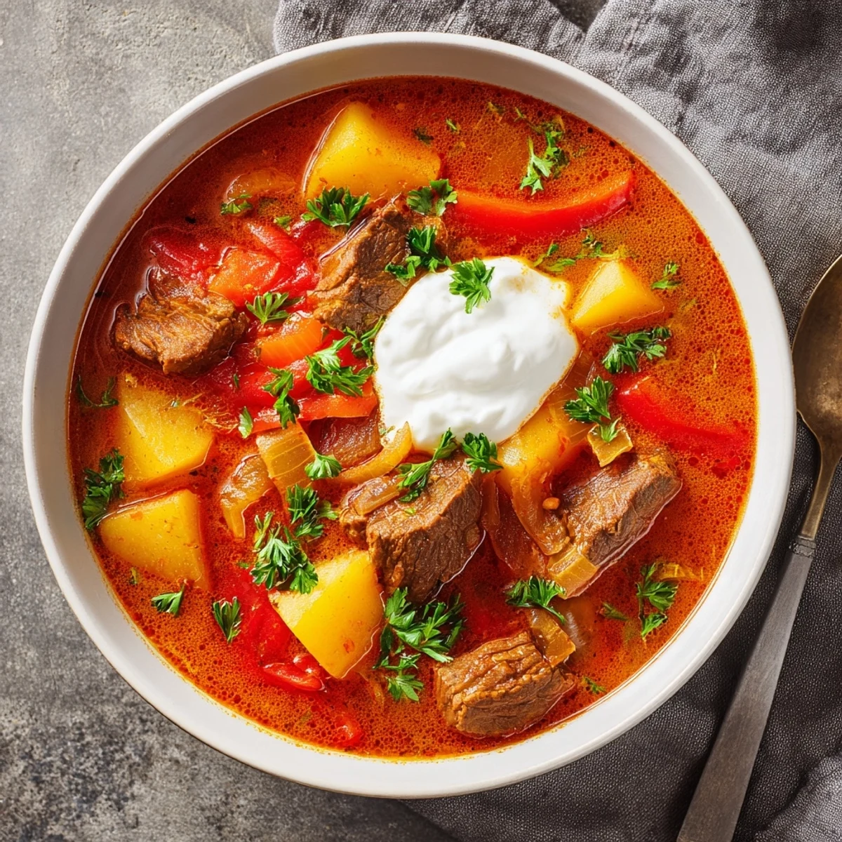 Steaming bowl of authentic slow cooker Hungarian goulash topped with fresh parsley and a dollop of sour cream
