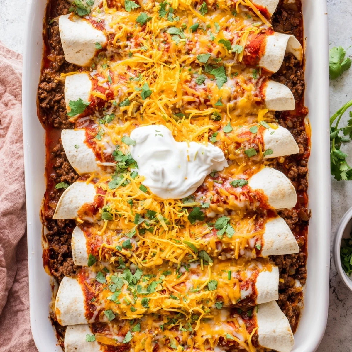 Golden savory beef enchiladas filled with seasoned ground beef and topped with shredded Monterey Jack