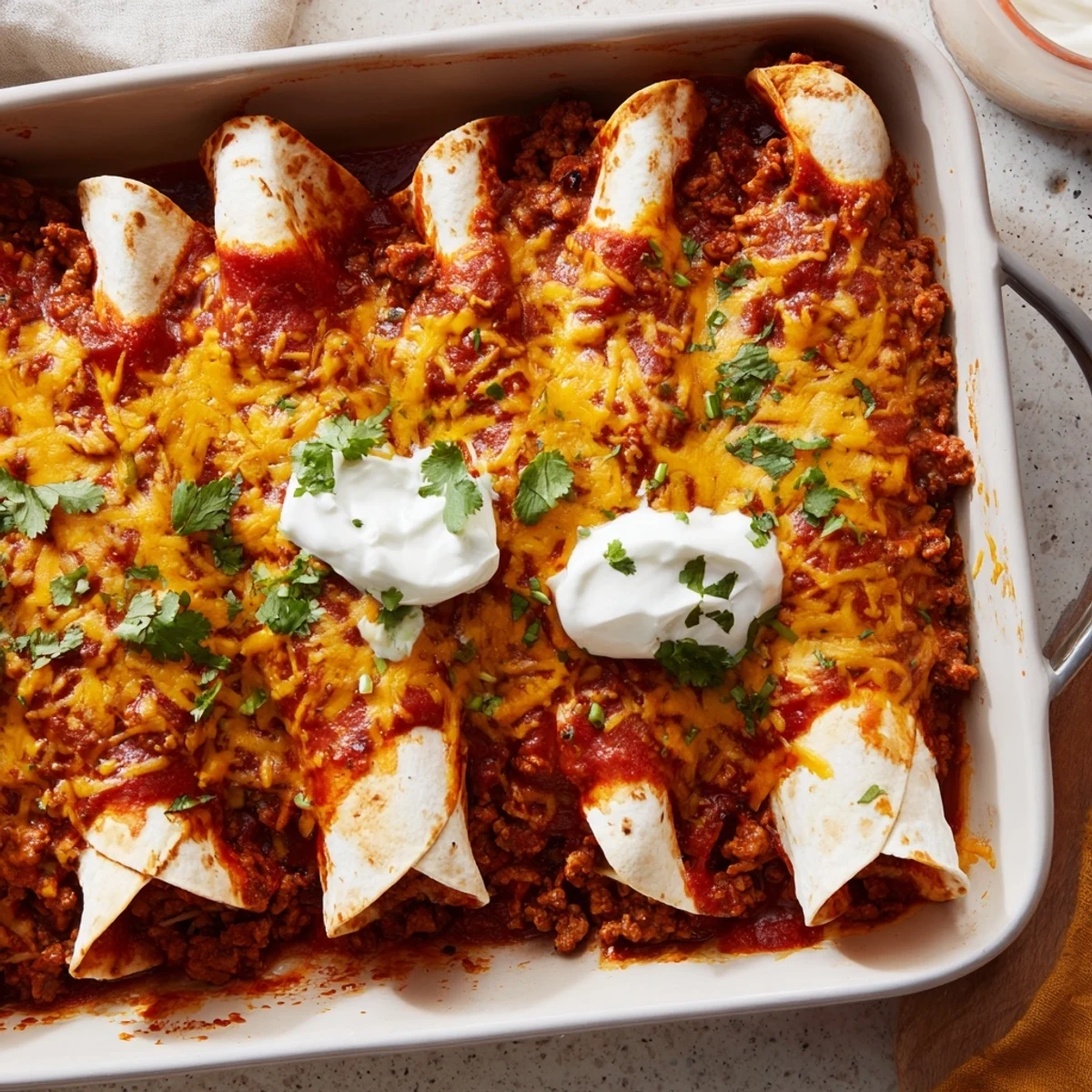 Savory beef enchiladas fresh from the oven with rich sauce and gooey cheese topping