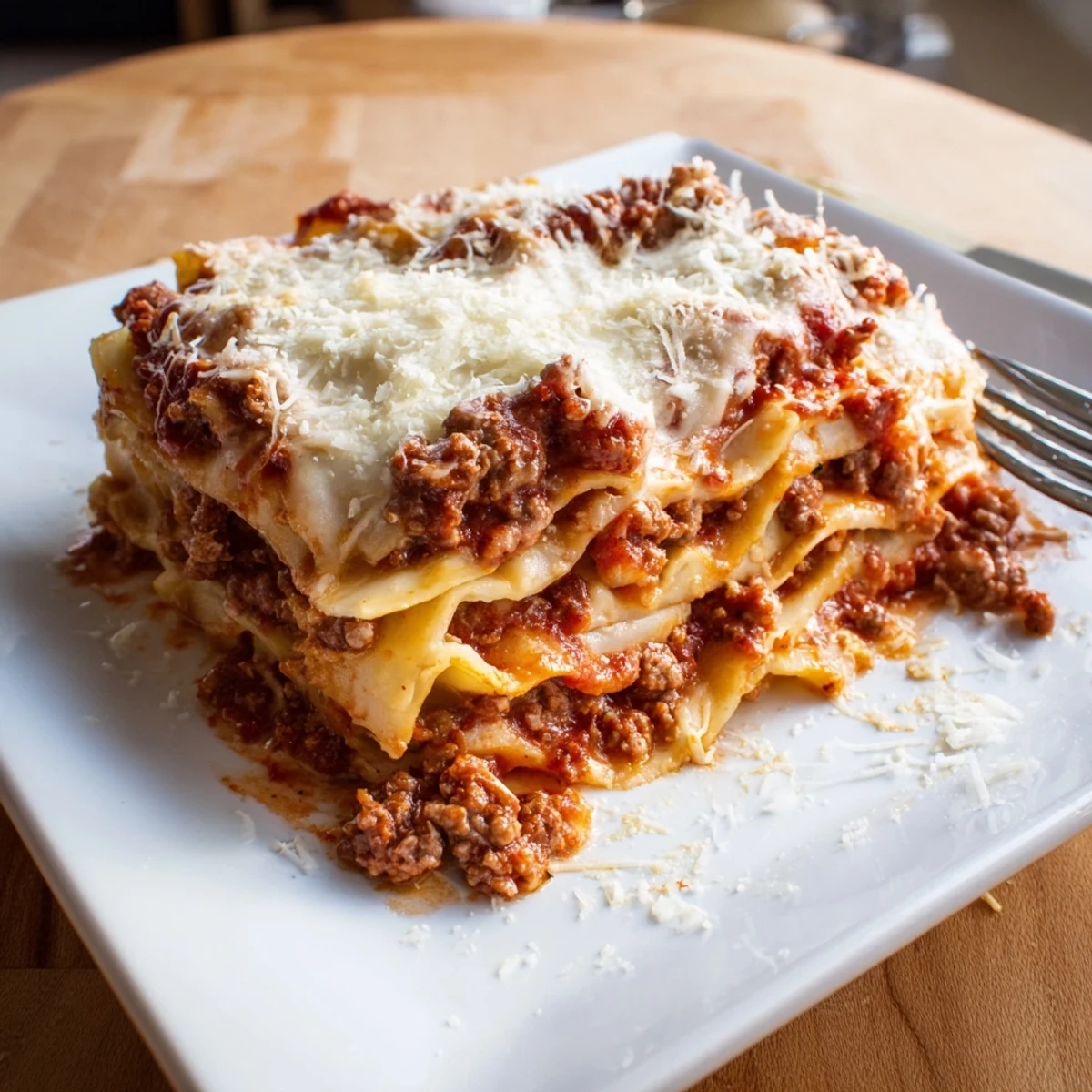 Sliced classic lasagna displaying the stacked meat sauce and cheese filling perfect for family dinner