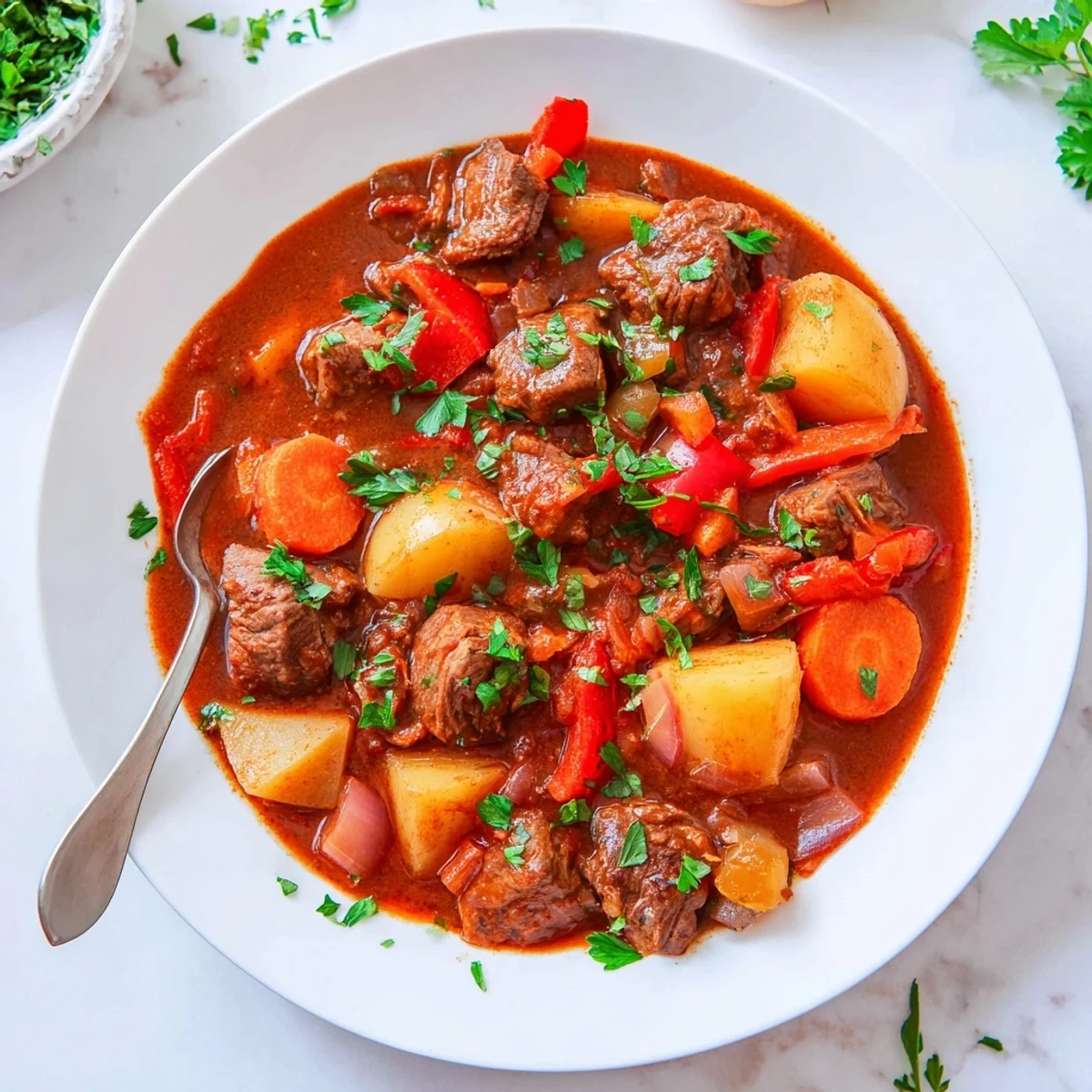 Slow cooker Hungarian goulash featuring tender beef chunks and vegetables in rich paprika sauce