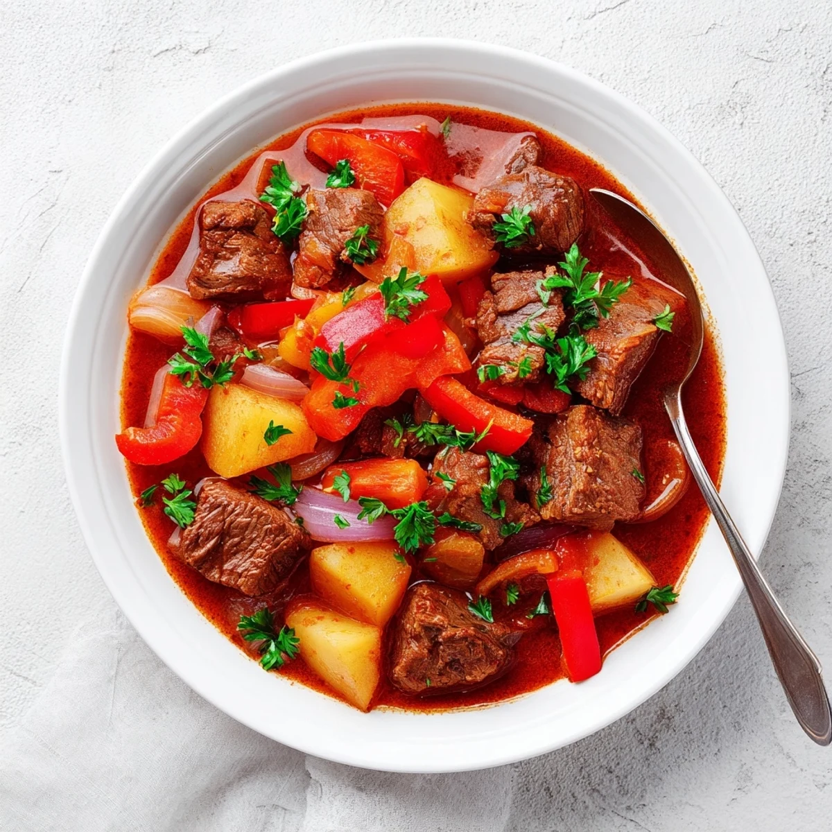 Hearty Hungarian goulash spooned into bowls with crusty bread for a comforting dinner