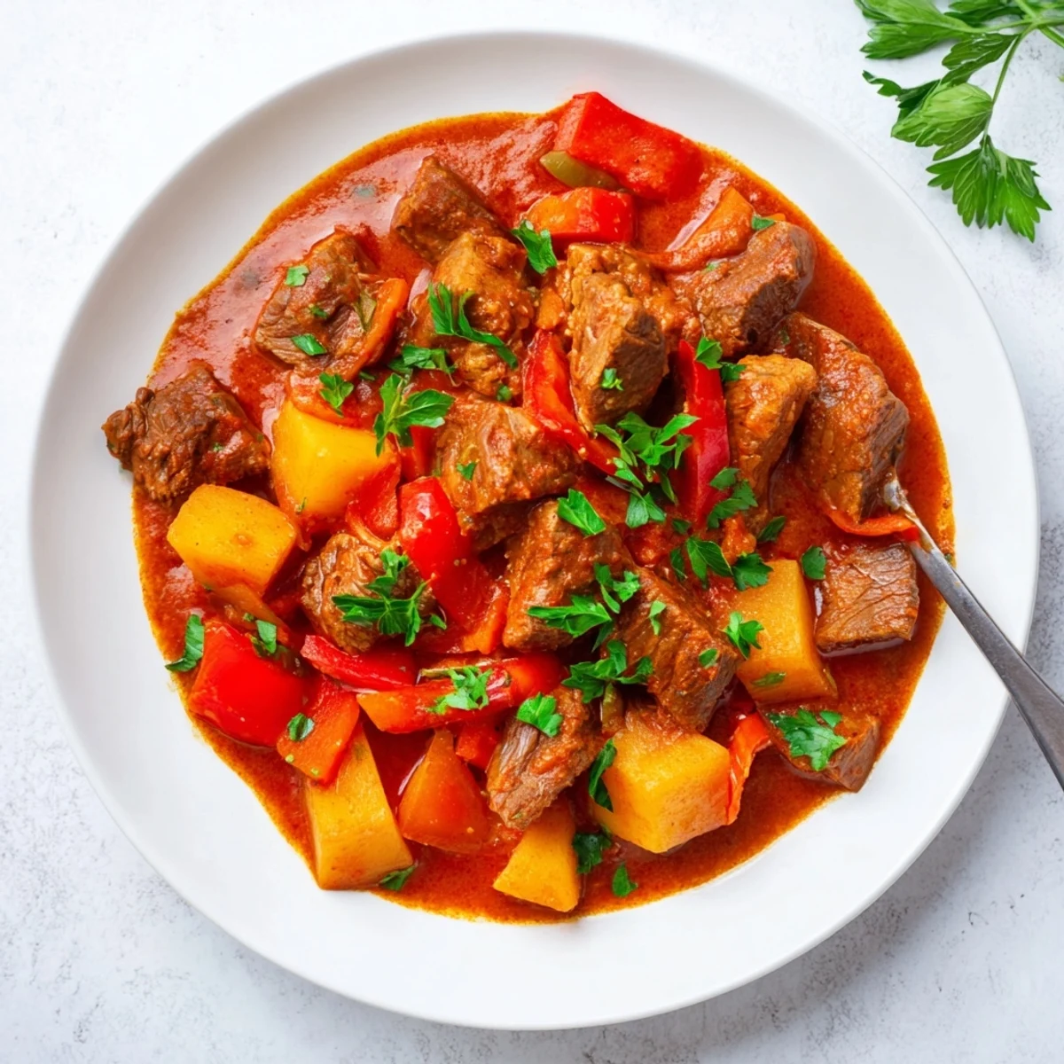 Creamy Hungarian goulash showcases cubed potatoes and carrots in a savory tomato broth