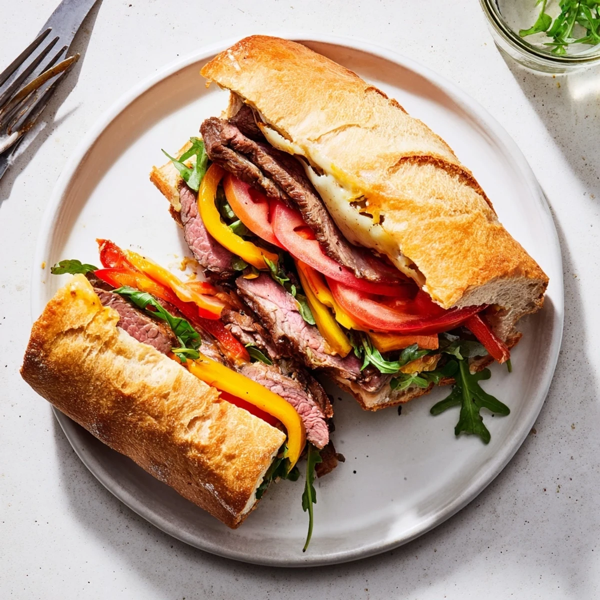 Close-up of hearty steak sandwich featuring seared ribeye steak, arugula, tomato slices, and Dijon mustard spread on a buttered baguette
