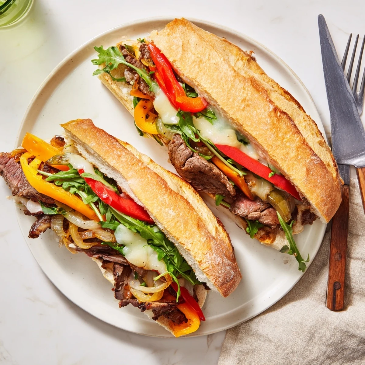 Golden brown hearty steak sandwich stacked with juicy sliced beef, melted provolone cheese, and sweet caramelized onions on a toasted crusty roll