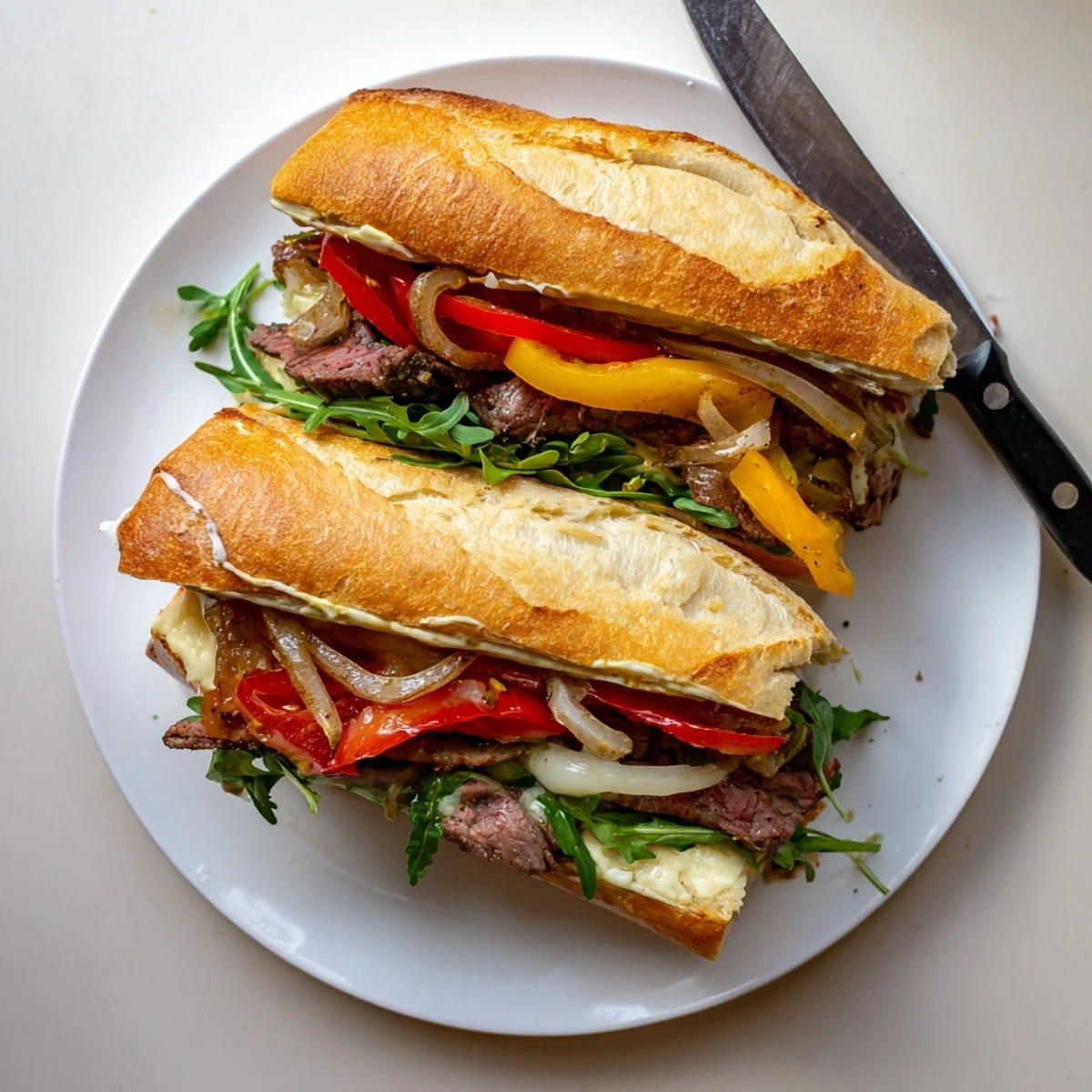 Homemade hearty steak sandwich loaded with tender marinated steak, sautéed bell peppers, and Swiss cheese on lightly toasted sandwich rolls
