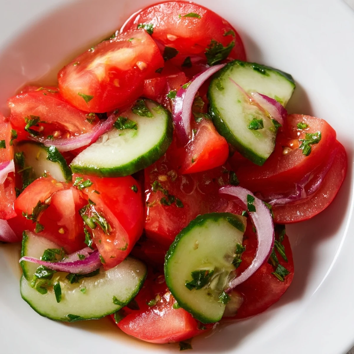 Fresh crisp tomato cucumber and onion salad tossed in light olive oil vinaigrette with green parsley sprinkles