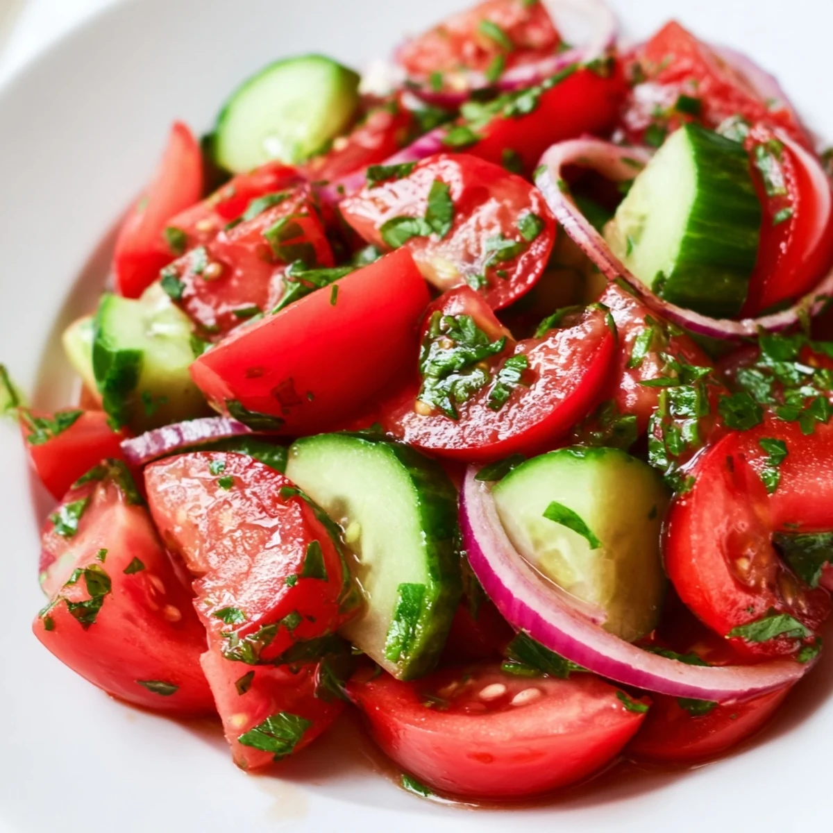 Vibrant tomato cucumber and onion salad featuring crisp vegetables coated in tangy vinaigrette perfect for outdoor gatherings