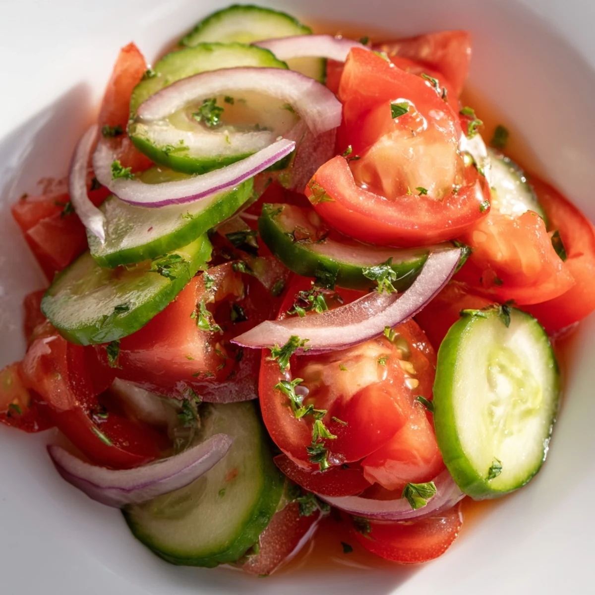 Colorful summer bowl of ripe tomatoes crunchy cucumbers and tangy red onions drizzled with zesty dressing