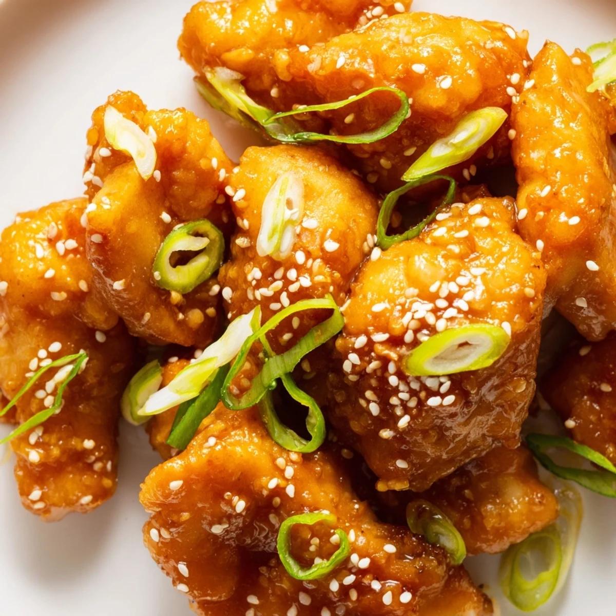 Golden honey chicken glazed in sweet sticky sauce garnished with green onions and sesame seeds