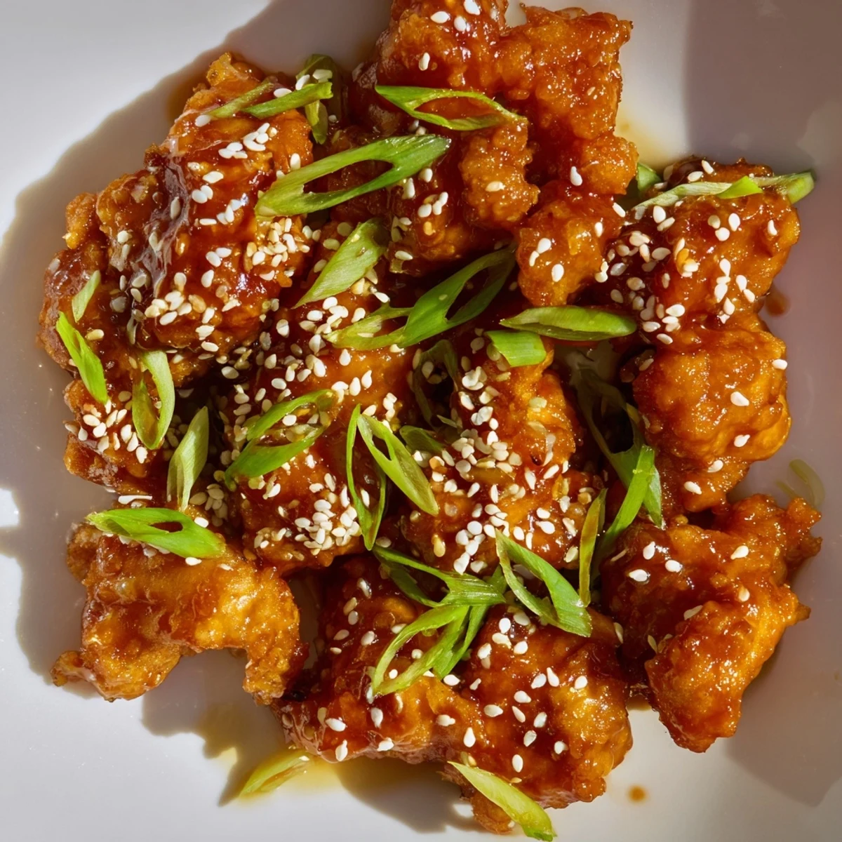 Asian inspired honey chicken in thick sticky glaze topped with fresh sliced green onions and sesame seeds