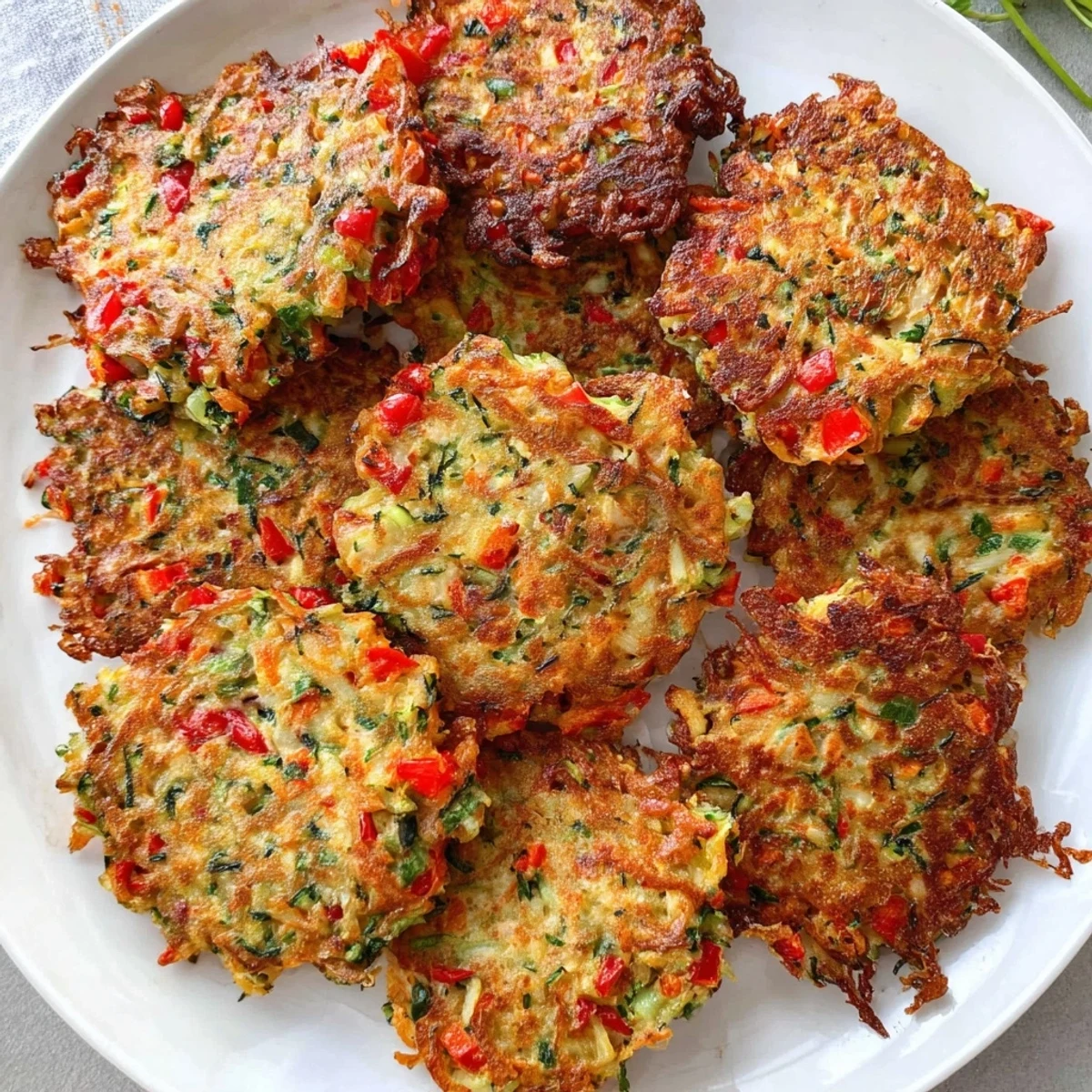 Pan-fried vegetable fritters with a crunchy texture and colorful vegetable pieces visible