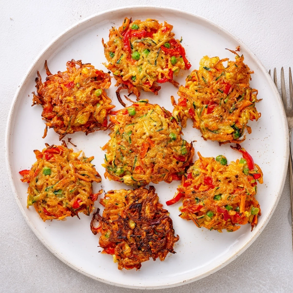 Golden brown crispy vegetable fritters served on a white plate with fresh herbs