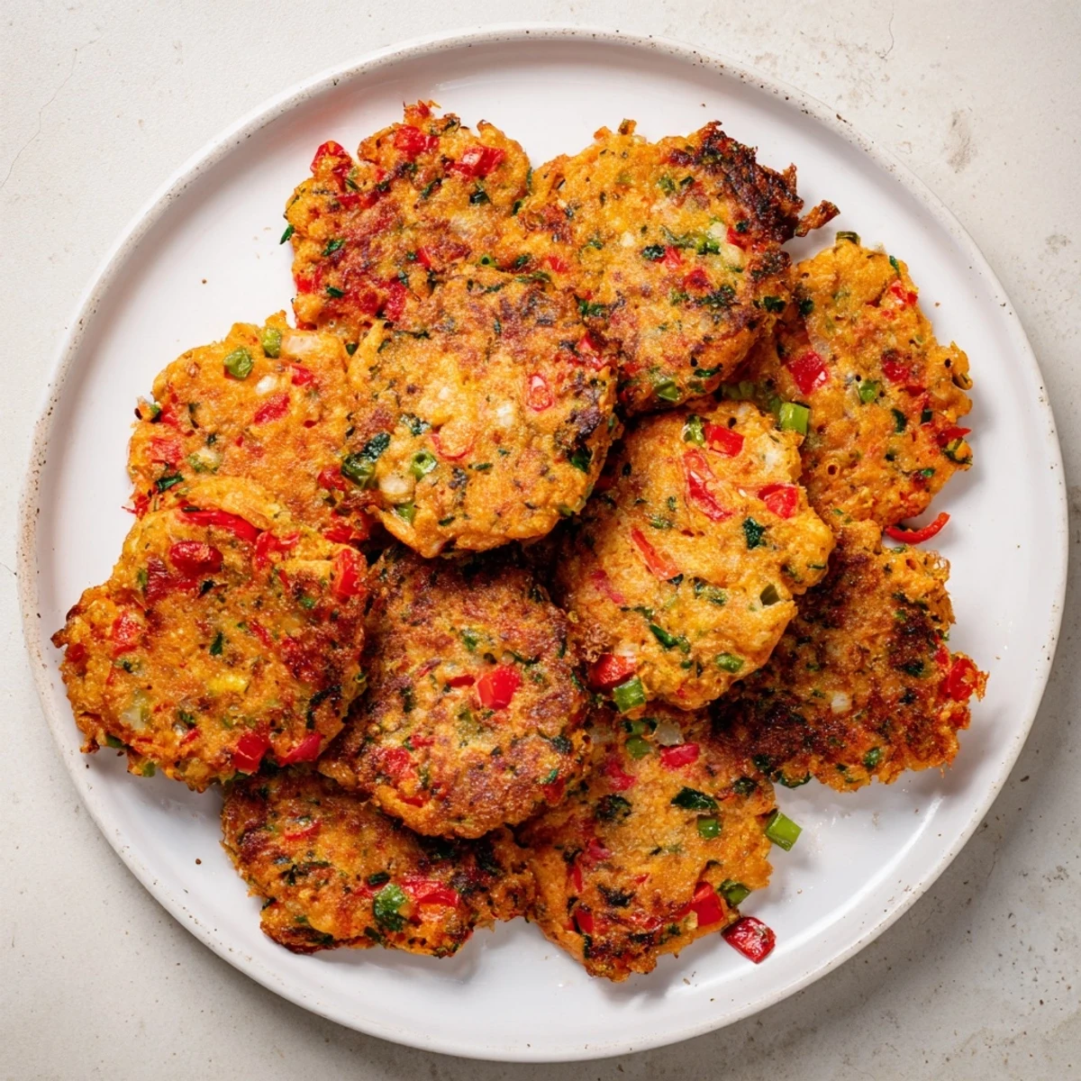 Homemade crispy vegetable fritters arranged on a serving platter with dipping sauce