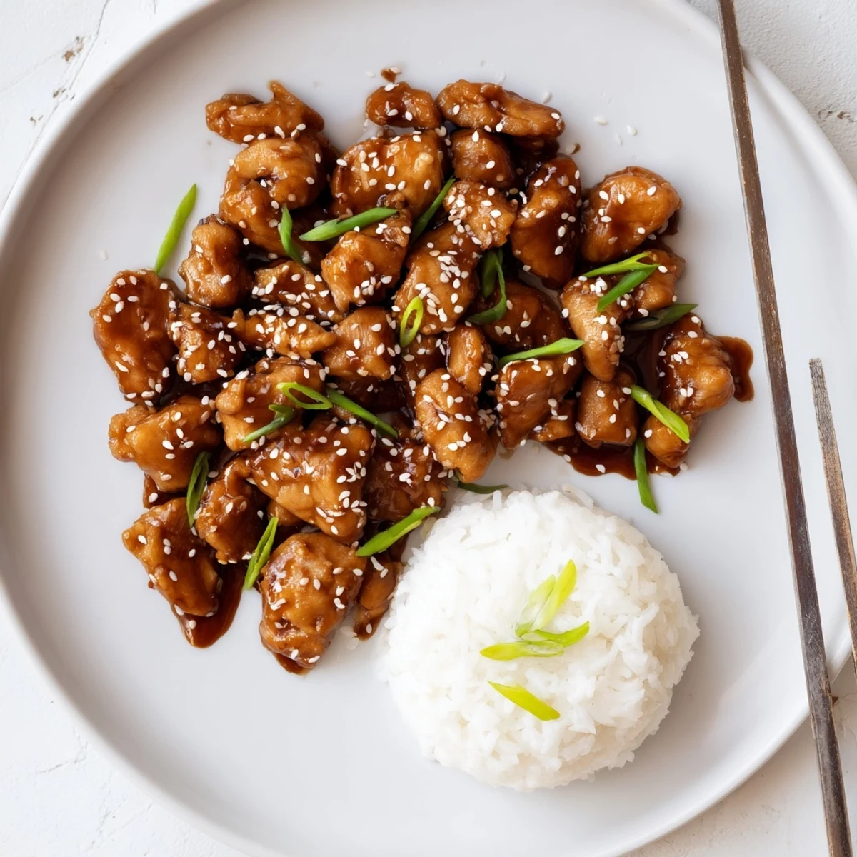 Golden glazed Quick Chicken Teriyaki pieces served over fluffy white rice with sesame seeds