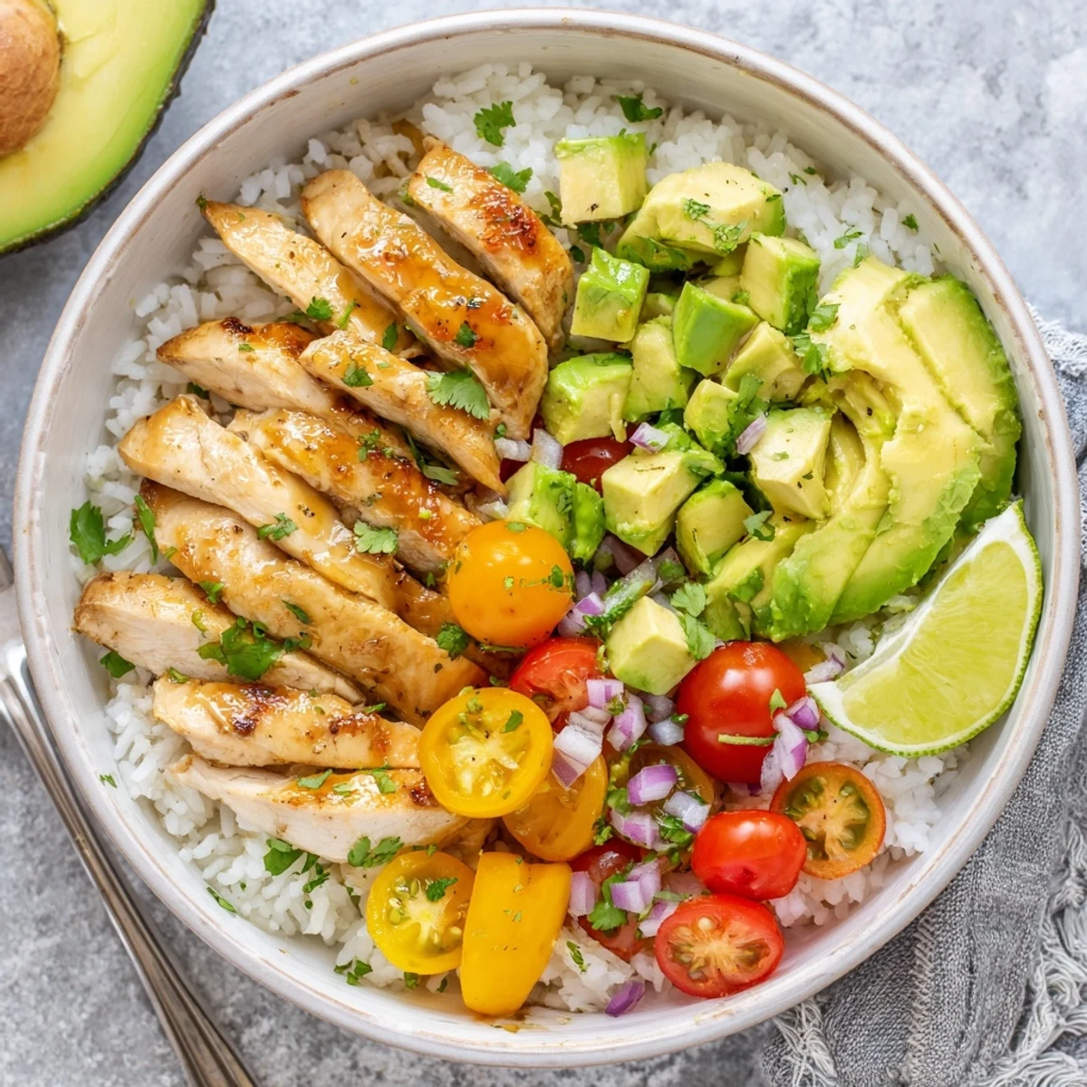 Golden glazed honey lime chicken avocado rice bowl topped with fresh cilantro and vibrant cherry tomatoes