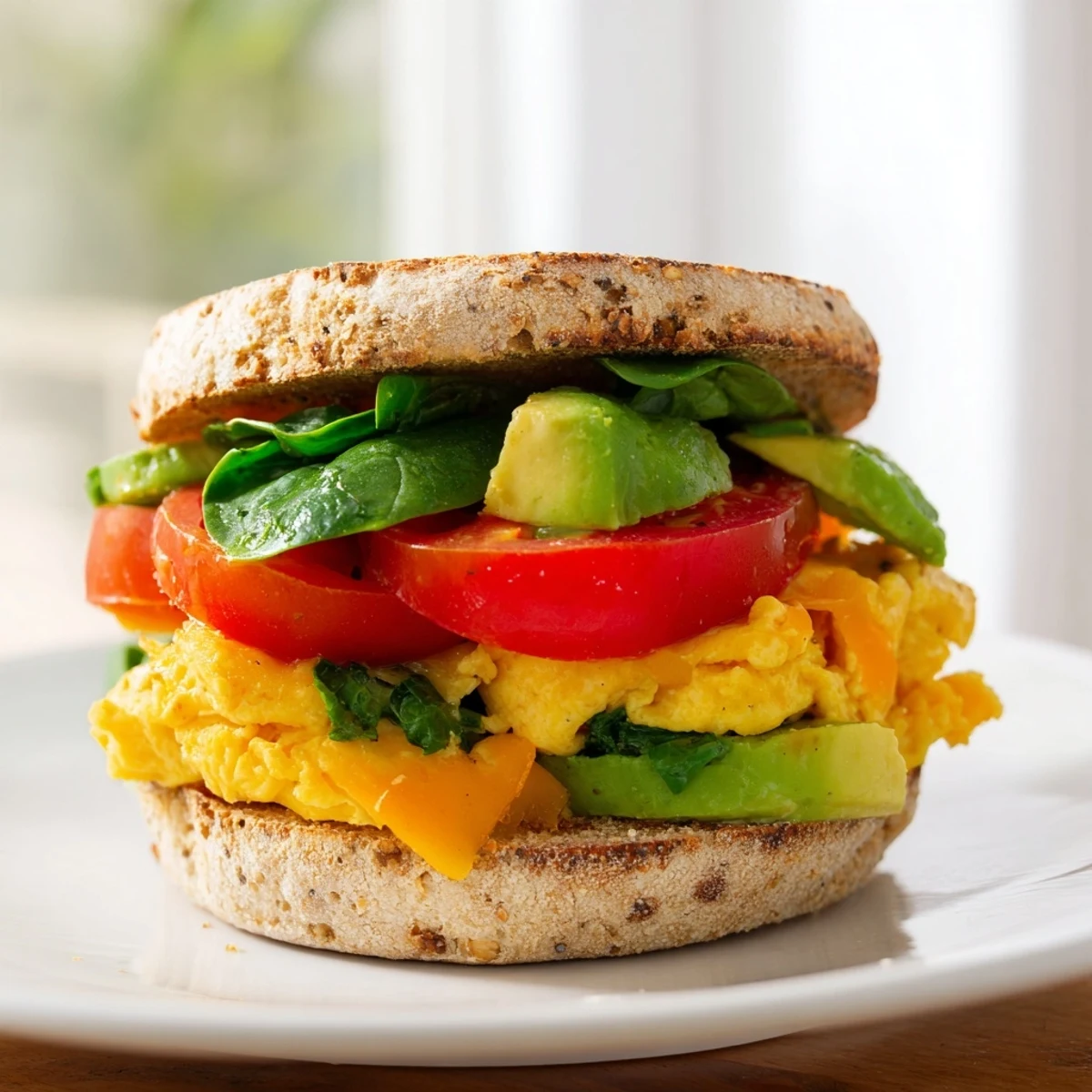 Warm healthy breakfast sandwich featuring fluffy scrambled eggs, tomato slices, and reduced-fat cheddar between split toasted muffin halves